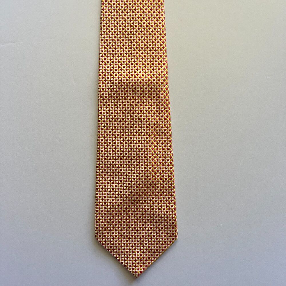 Ben Silver Cravate Silk Tie XL 65" Extra Long Yellow Red Micro Check Woven